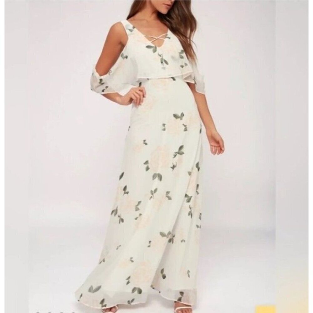 Lulus Medium White Floral Print Maxi Dress V-Neck Sheer Lined NWT